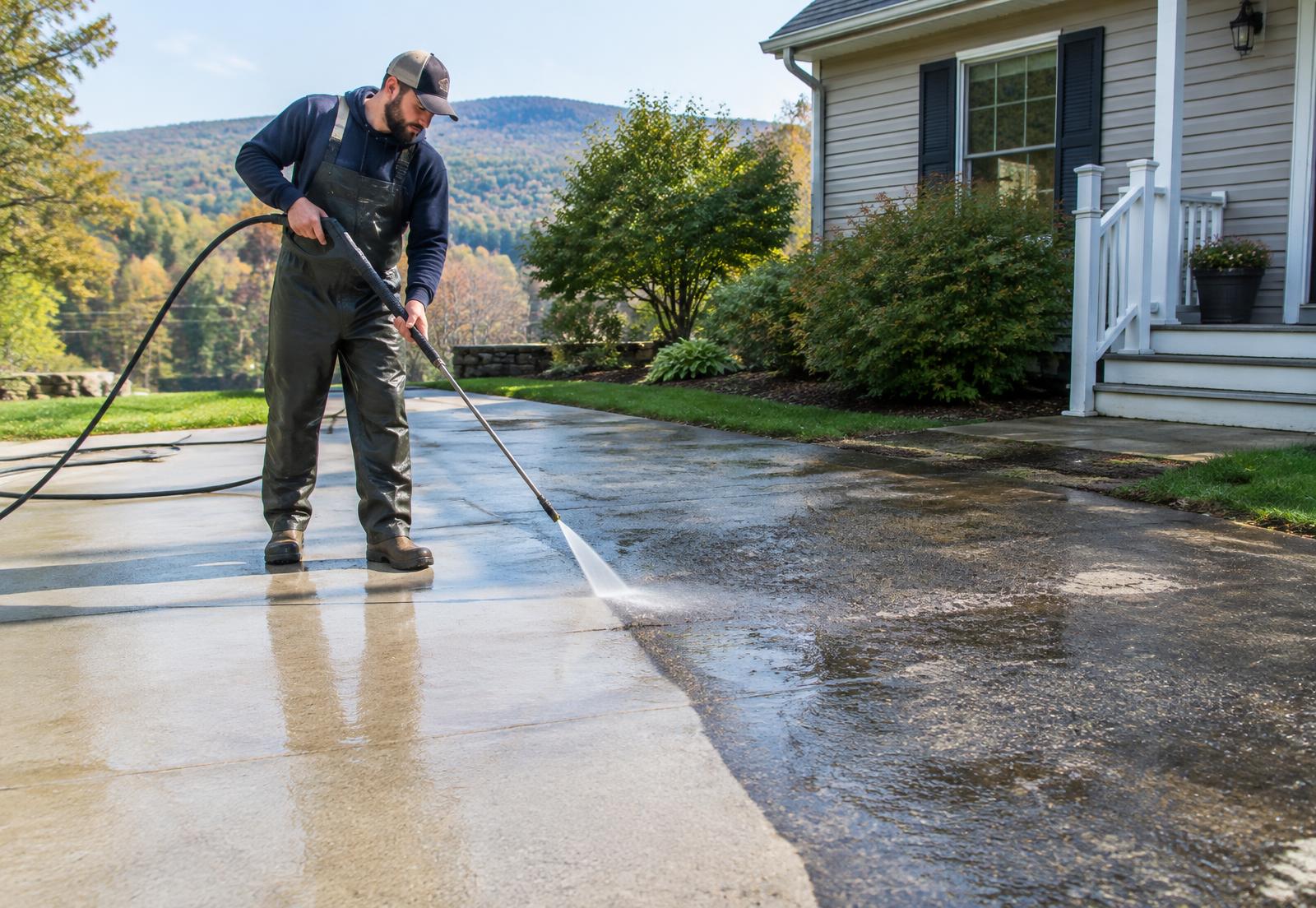 Power washing a residential driveway in Western Massachusetts