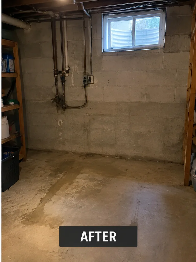 After: the same basement corner empty after the washer and dryer were removed