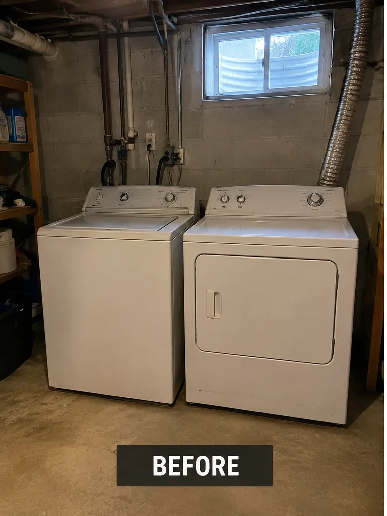 Before: washer and dryer set in a basement before Pioneer Valley Junk Removal hauled them out