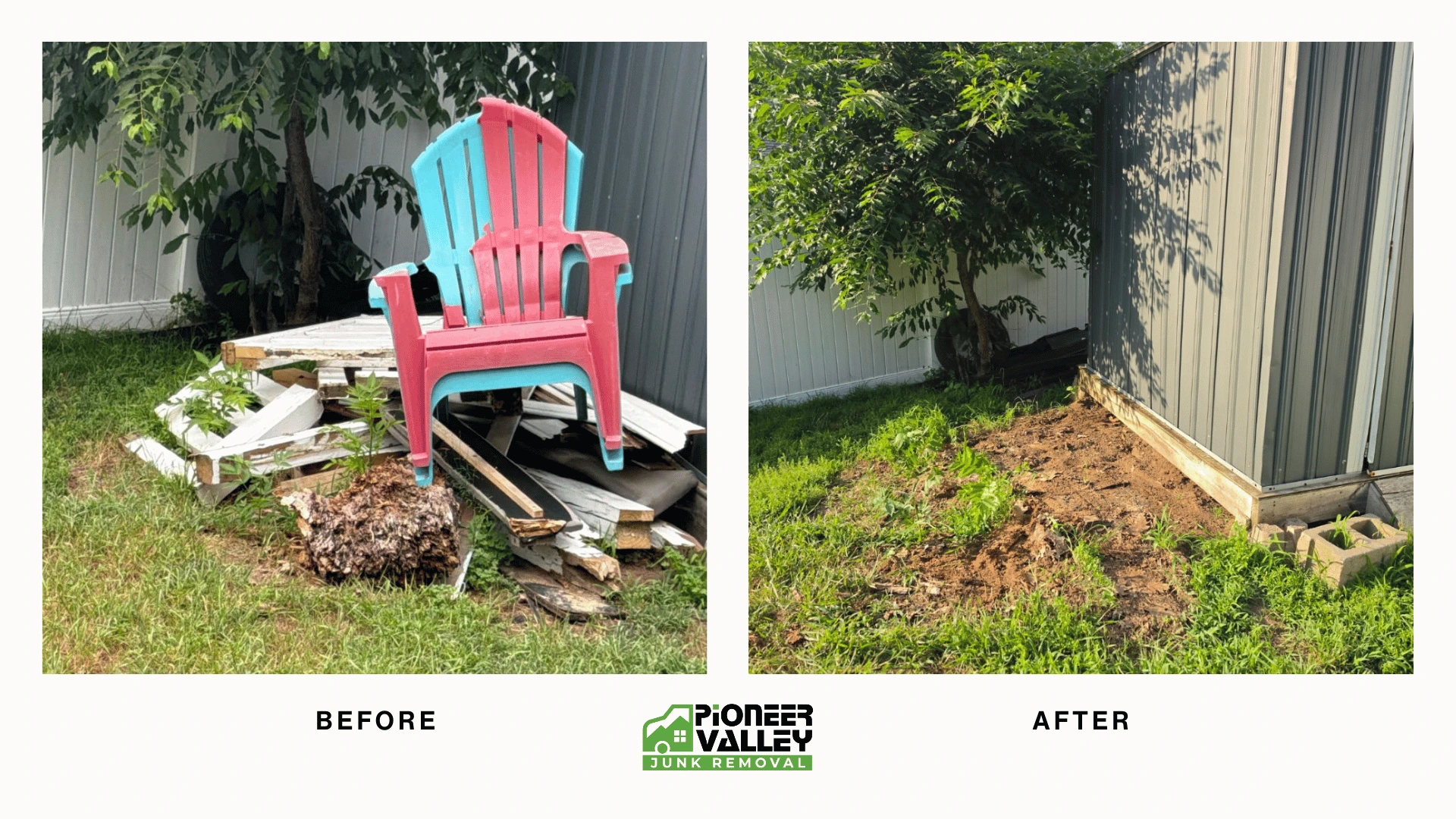 Before and after junk removal by Pioneer Valley Junk Removal